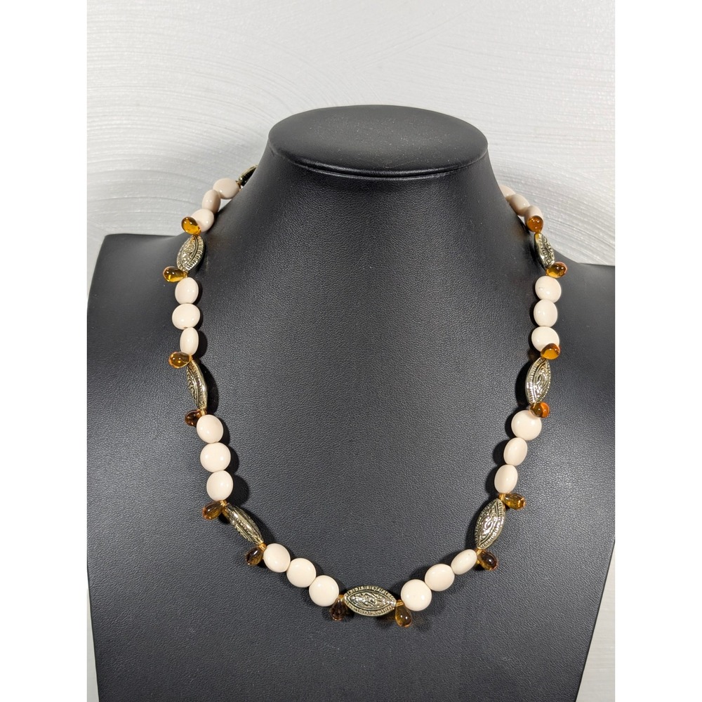 Amber Glass Briolette Bead Necklace Cream Beads Toggle Clasp 20"‎